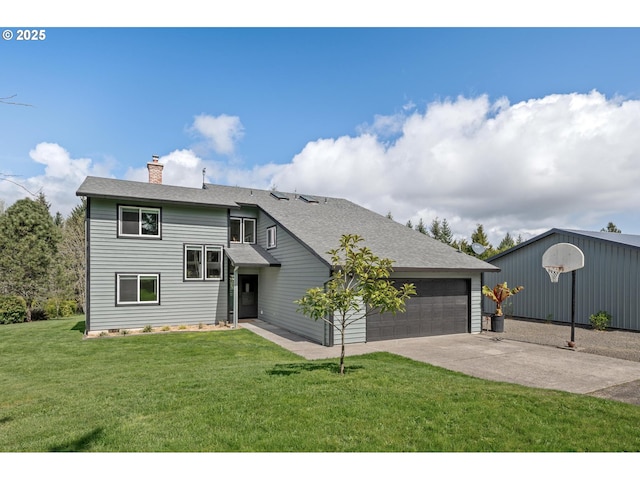 view of front of home featuring a chimney, roof with shingles, a front yard, concrete driveway, and an attached garage