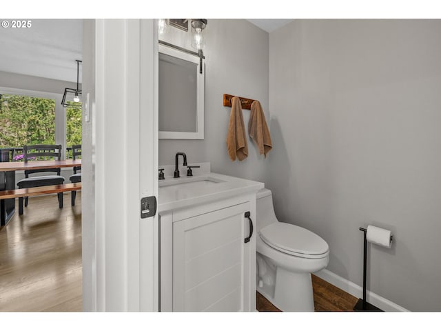 bathroom featuring toilet, baseboards, wood finished floors, and vanity