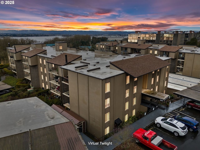 view of aerial view at dusk