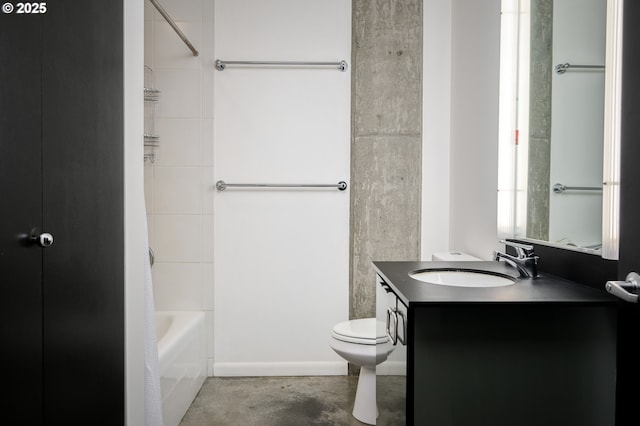 full bathroom with toilet, concrete floors, and vanity