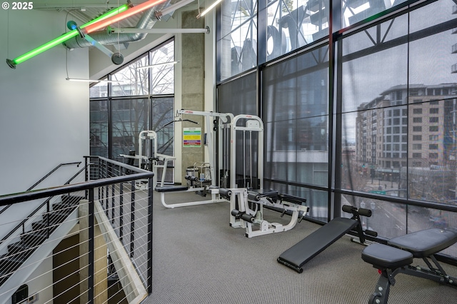 gym with a wall of windows, a high ceiling, and carpet