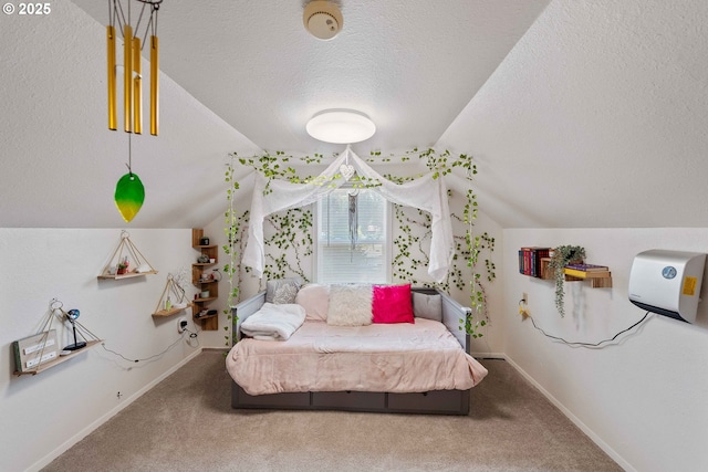 2720 Bowman Rd, Reedsport, OR 97467 - bedroom with a textured ceiling, carpet, lofted ceiling, and baseboards