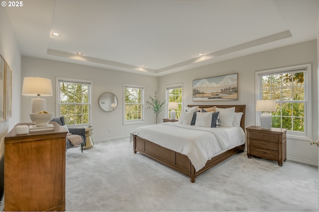 bedroom featuring multiple windows, a raised ceiling, and light colored carpet