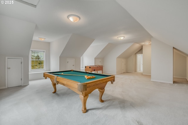 recreation room with light colored carpet, baseboards, billiards, and lofted ceiling