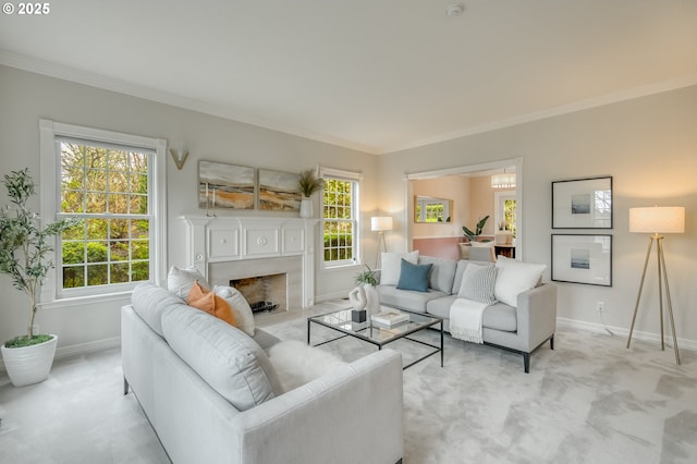 living room with light colored carpet, crown molding, and a healthy amount of sunlight