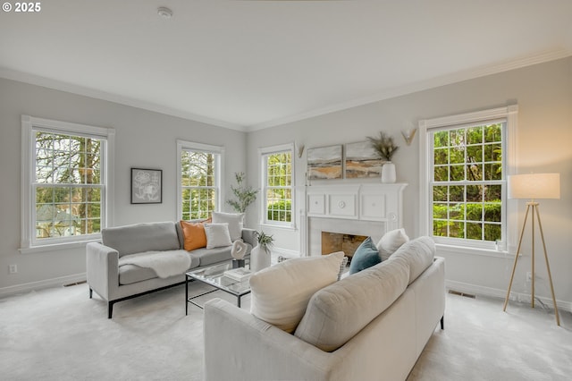 living area with baseboards, light carpet, visible vents, and ornamental molding