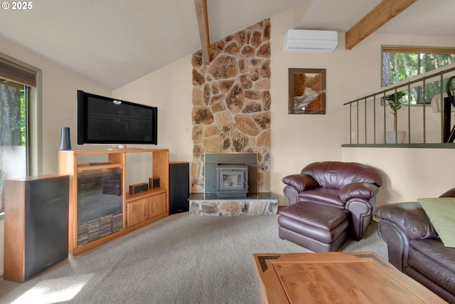 768 Brookside Dr, Eugene, OR 97405 - carpeted living room featuring a fireplace and a wall unit AC