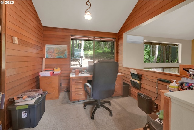 768 Brookside Dr, Eugene, OR 97405 - home office with vaulted ceiling, an AC wall unit, wood walls, and light carpet