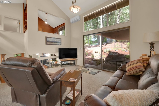 768 Brookside Dr, Eugene, OR 97405 - living room featuring high vaulted ceiling, carpet flooring, and an AC wall unit