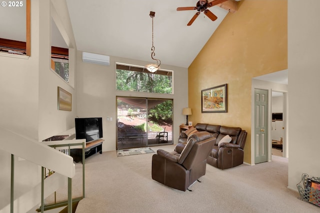 768 Brookside Dr, Eugene, OR 97405 - living area with high vaulted ceiling, carpet flooring, a ceiling fan, and a wall mounted AC