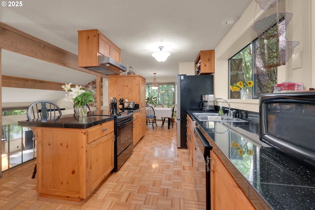 768 Brookside Dr, Eugene, OR 97405 - kitchen with black range with electric cooktop, under cabinet range hood, tile countertops, dishwasher, and a breakfast bar area