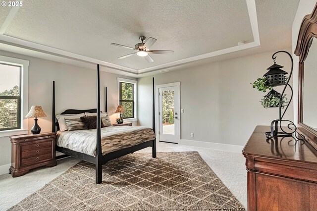 4909 NE 132nd Cir, Vancouver, WA 98686 - bedroom featuring a raised ceiling, light colored carpet, access to exterior, a textured ceiling, and baseboards