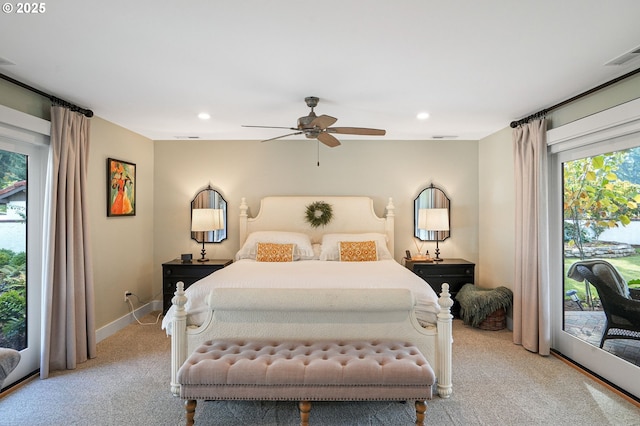 bedroom with light carpet, access to outside, and ceiling fan