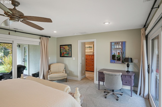 carpeted bedroom featuring ceiling fan and access to outside