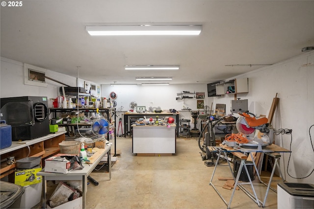 basement with a workshop area