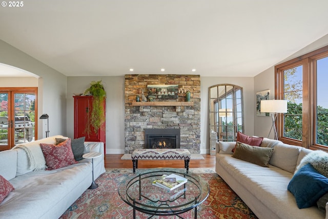 living room featuring plenty of natural light, a stone fireplace, and light hardwood / wood-style floors