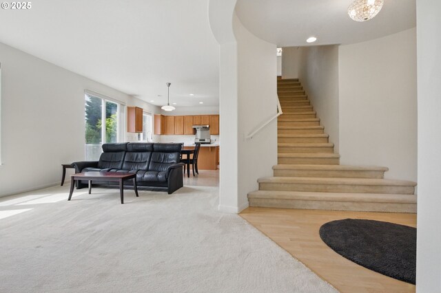 15820 SW Towhee Ln, Beaverton, OR 97007 - staircase with carpet flooring, recessed lighting, and baseboards