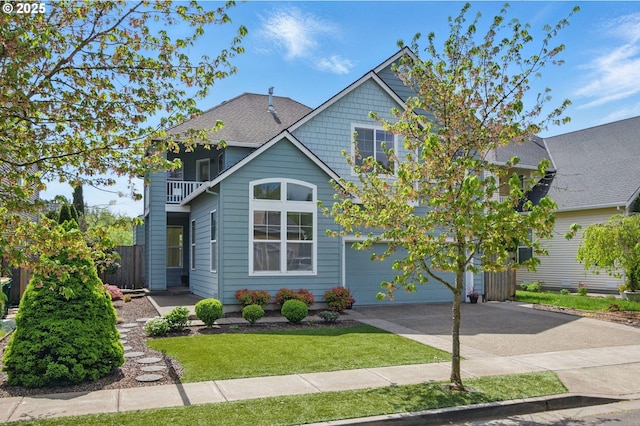 view of front of house with fence, a front lawn, a garage, a balcony, and driveway
