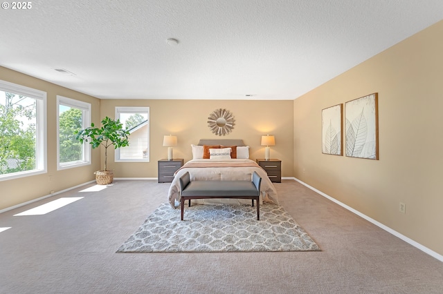 carpeted bedroom featuring baseboards and a textured ceiling