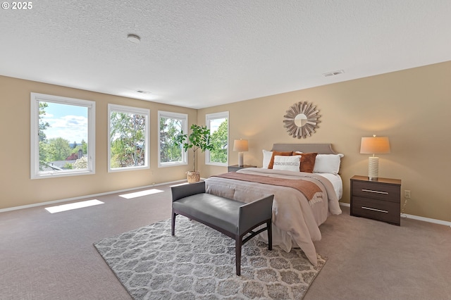 bedroom featuring light carpet, baseboards, and a textured ceiling