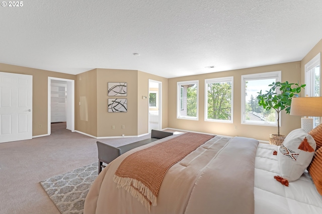 bedroom with carpet flooring, a textured ceiling, and baseboards
