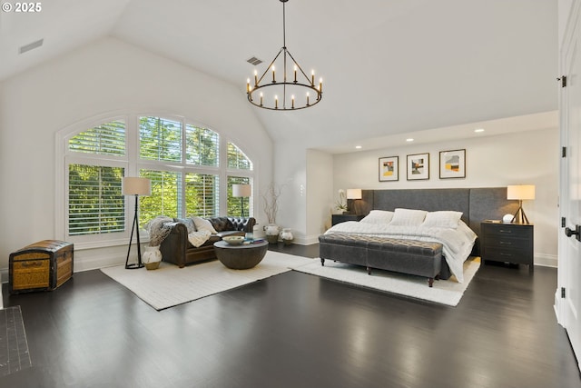 bedroom with dark wood-style floors, baseboards, a chandelier, recessed lighting, and high vaulted ceiling
