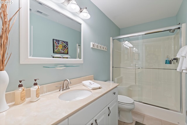 5776 NW Keel Ave, Lincoln City, OR 97367 - bathroom with vanity, tile patterned flooring, an enclosed shower, toilet, and visible vents