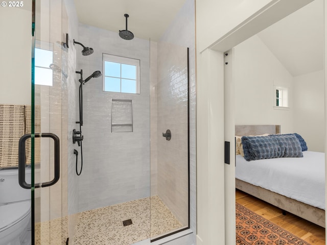 bathroom featuring lofted ceiling, wood-type flooring, a shower with door, and toilet