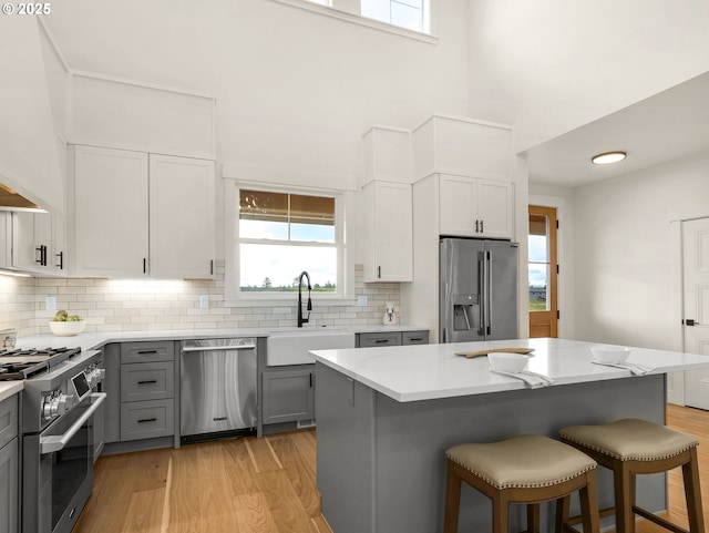 90202 Hobie Rd, Warrenton, OR 97146 - kitchen with high quality appliances, gray cabinetry, a sink, a kitchen breakfast bar, and light wood-style flooring