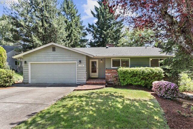 13980 Shireva Ct, Lake Oswego, OR 97034 - single story home with concrete driveway, an attached garage, a chimney, and a front yard
