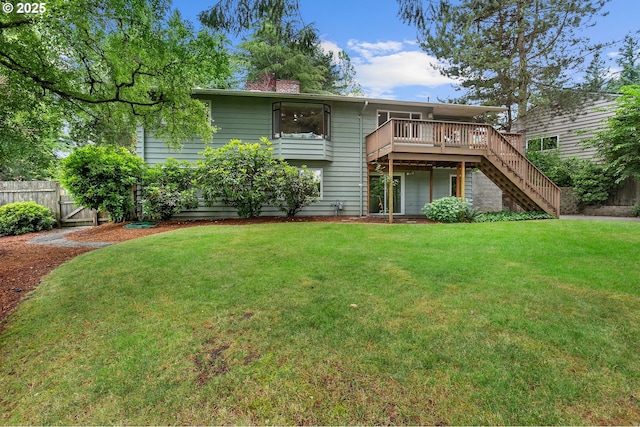 13980 Shireva Ct, Lake Oswego, OR 97034 - rear view of property with stairs, a deck, and a chimney