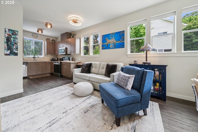 116 NE 109th Ave, Portland, OR 97220 - living room with baseboards and dark wood-style flooring