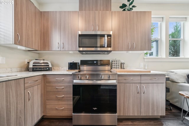 116 NE 109th Ave, Portland, OR 97220 - kitchen with stainless steel appliances, dark wood-type flooring, modern cabinets, and light brown cabinets