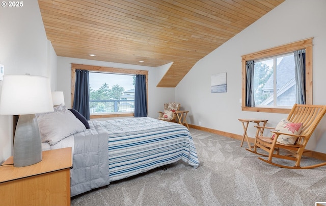 bedroom featuring carpet floors, lofted ceiling, wood ceiling, and baseboards