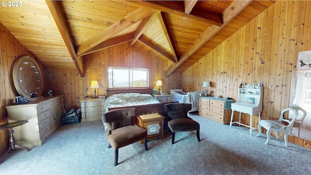 bedroom with vaulted ceiling with beams, carpet flooring, wooden walls, and wooden ceiling