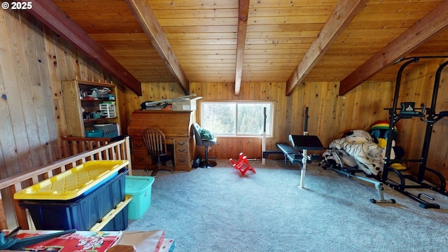 interior space featuring wooden walls, lofted ceiling with beams, and wood ceiling