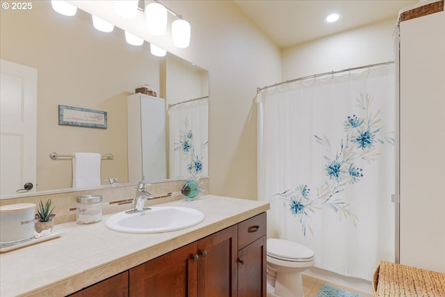 14215 SW Burlwood Ln, Beaverton, OR 97005 - bathroom featuring tile patterned floors, vanity, a shower with curtain, and toilet