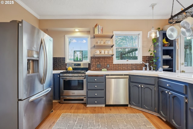 kitchen featuring sink, light hardwood / wood-style flooring, hanging light fixtures, stainless steel appliances, and ornamental molding