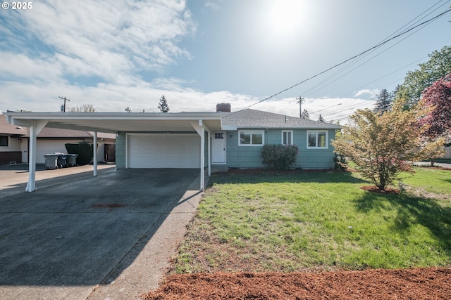 single story home with an attached carport, a front lawn, concrete driveway, and an attached garage