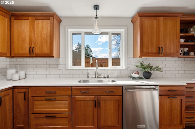 kitchen featuring a sink, open shelves, brown cabinets, and stainless steel dishwasher