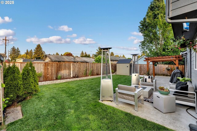 10417 NE 86th Ave, Vancouver, WA 98662 - fenced backyard with outdoor lounge area, a storage unit, a patio, and a pergola