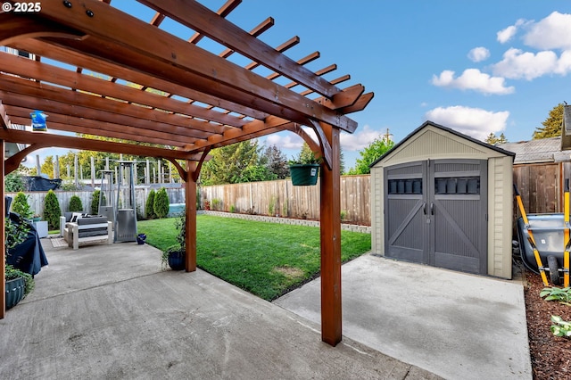 10417 NE 86th Ave, Vancouver, WA 98662 - fenced backyard featuring a patio, a storage shed, and a pergola