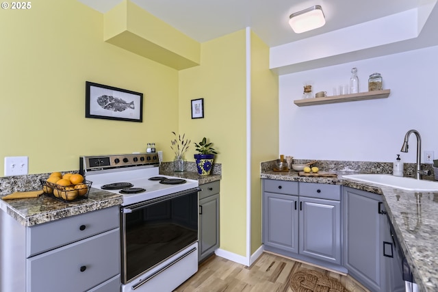 6540 SE 88th Ave, Portland, OR 97266 - kitchen featuring white electric range oven, a sink, light wood-style flooring, gray cabinetry, and open shelves