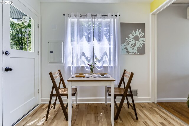 6540 SE 88th Ave, Portland, OR 97266 - dining room featuring electric panel, wood finished floors, and baseboards