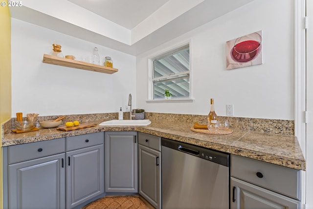 6540 SE 88th Ave, Portland, OR 97266 - kitchen with dishwasher, tile counters, and gray cabinetry