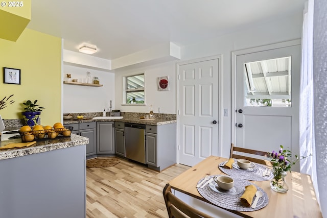 6540 SE 88th Ave, Portland, OR 97266 - kitchen featuring gray cabinetry, stainless steel dishwasher, open shelves, a sink, and light wood-style floors