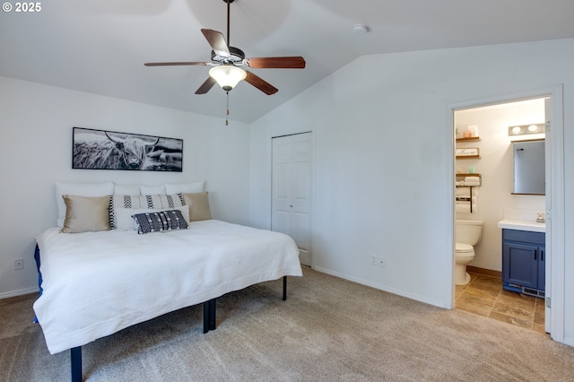1185 Shady Ln, Keizer, OR 97303 - bedroom with lofted ceiling, light carpet, a closet, ensuite bathroom, and a ceiling fan