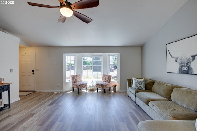 1185 Shady Ln, Keizer, OR 97303 - living room featuring light wood-type flooring, a ceiling fan, and lofted ceiling