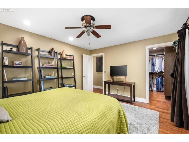 bedroom with a walk in closet, recessed lighting, baseboards, wood finished floors, and a closet
