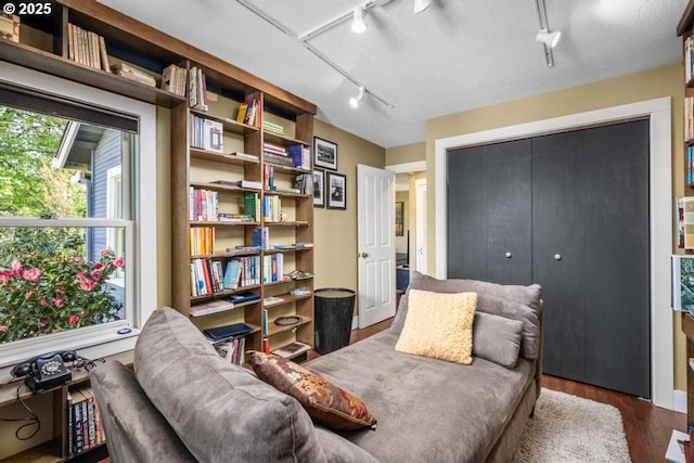 interior space with rail lighting, wood finished floors, and a closet
